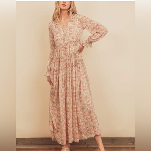 The Impeccable Pig Floral Long Sleeve Maxi Dress - Pink and Cream - Picture 1 of 11